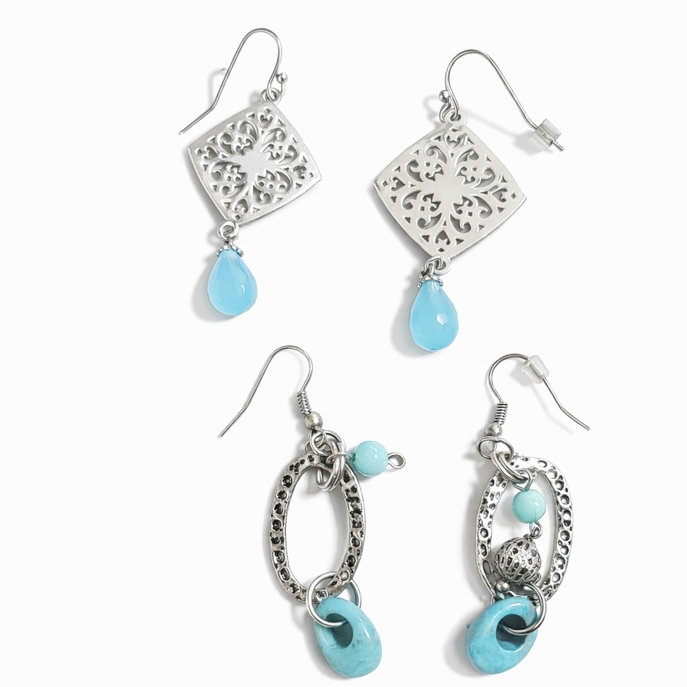 Boho Turquoise Dangle Earrings Bundle | Filigree & Statement Drop (2 Pairs)